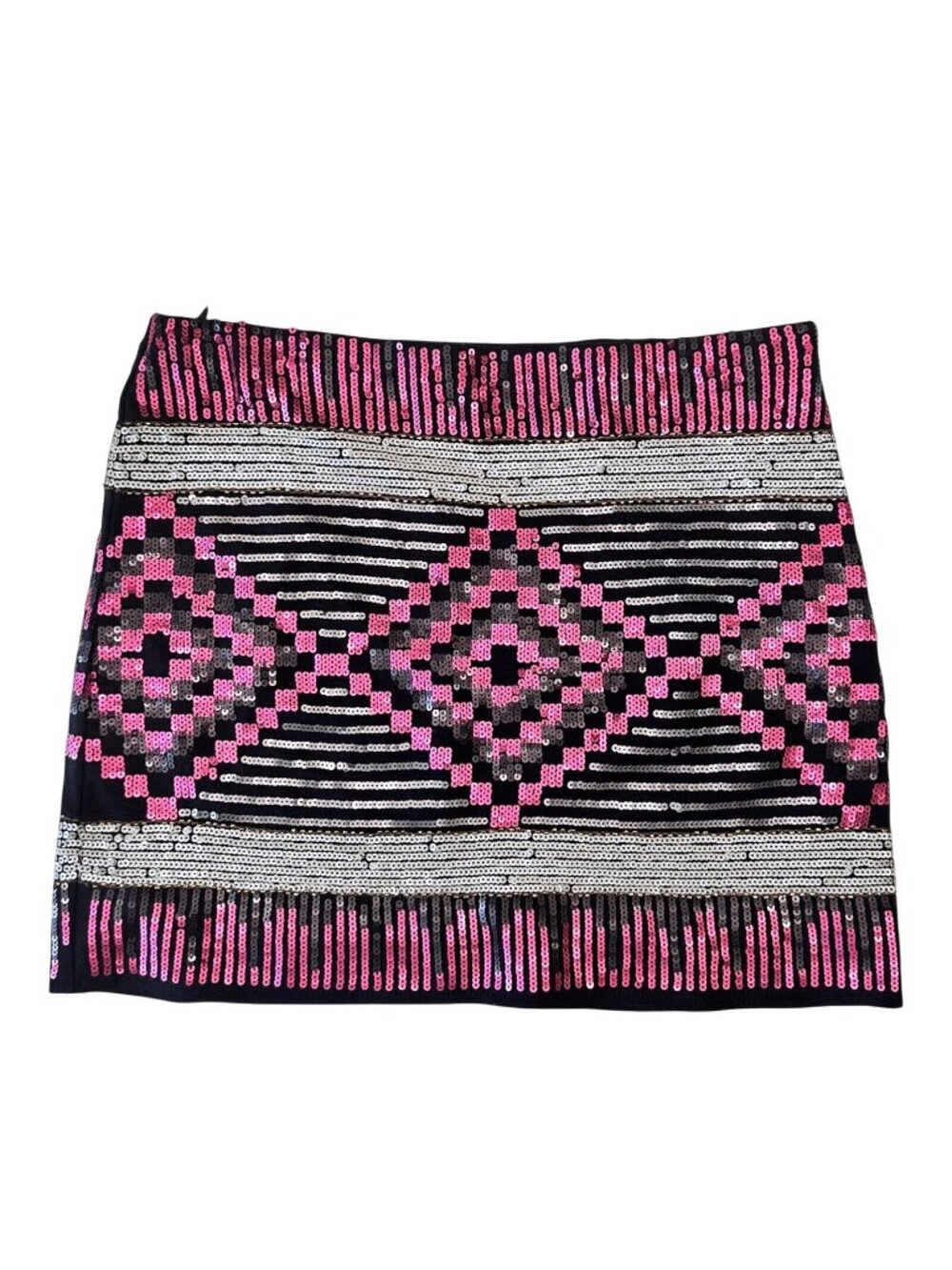 Forever 21 Women Mini Skirt SZ M Black-Pink Sequined-Side Zip Cocktail-Party Nig